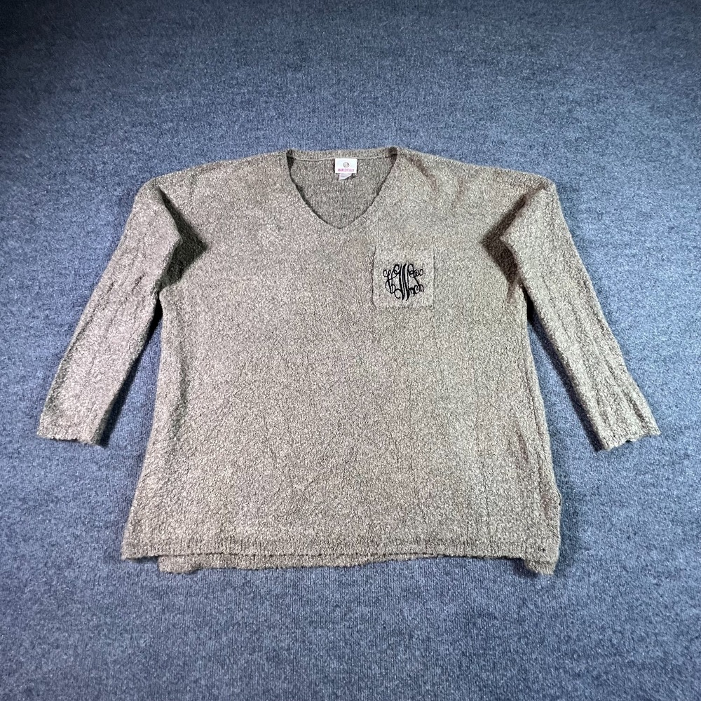 Marleylilly Sweater Womens OS Gray Cable Knit V-Neck Monogram Pocket Pullover